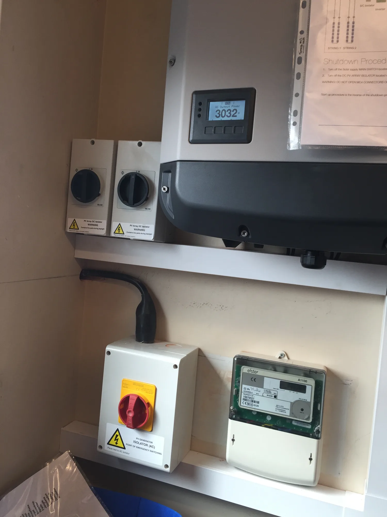 PV isolators, inverter and generation meter after a solar installation