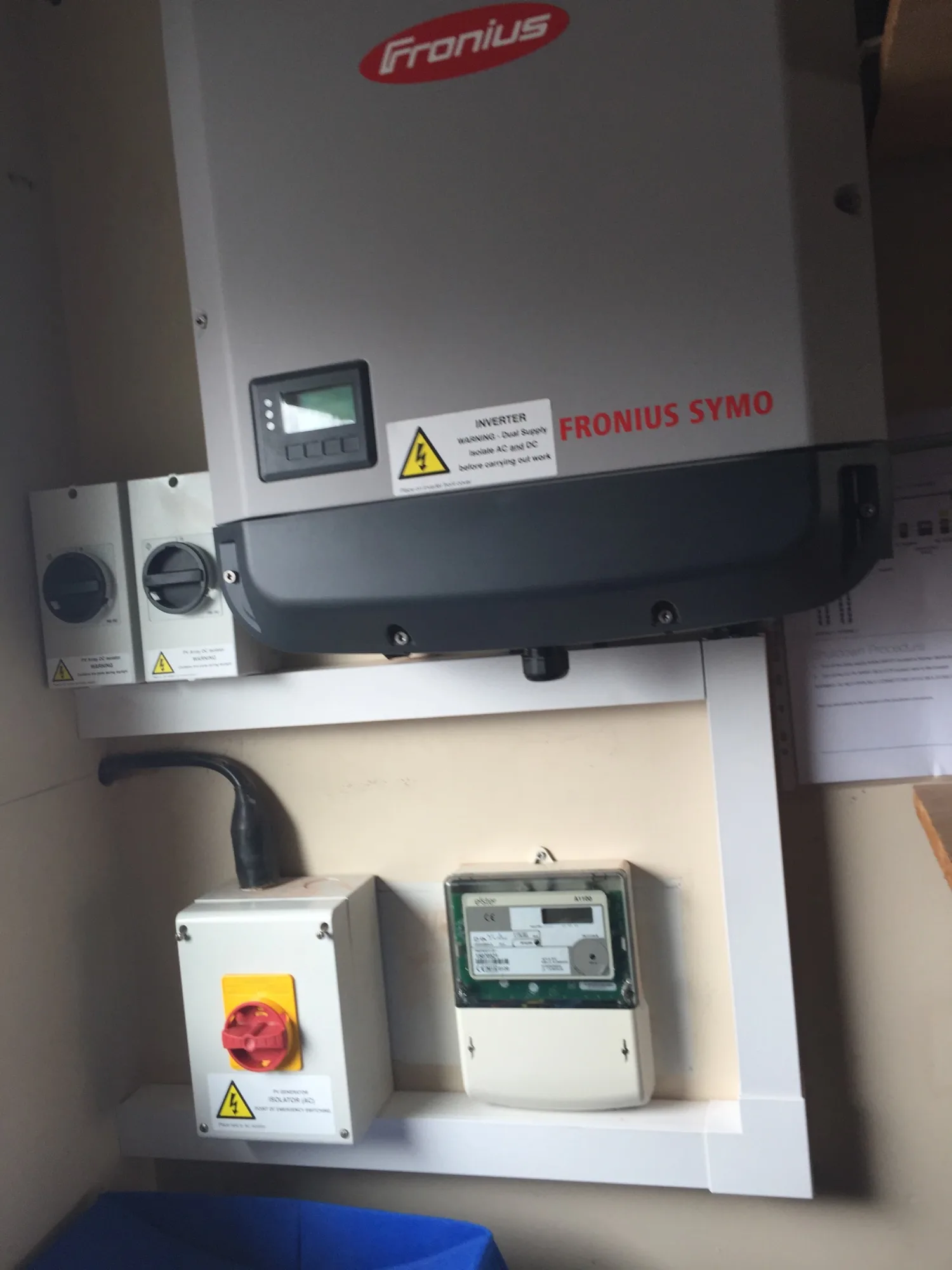 Fronius inverter, isolator and generation meter installation